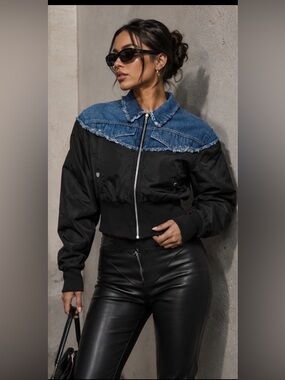Manière De Voir Denim Yoke Bomber Jacket Black Oversized Streetwear